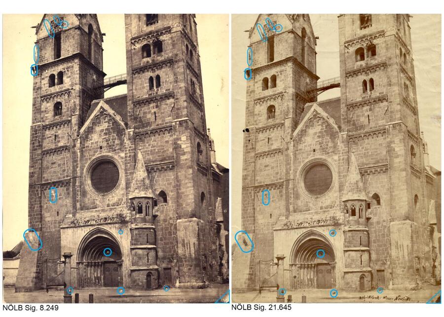 Gegenüberstellung zweier Abzüge (Albuminpapier) einer sehr frühen Fotografie des Wiener Neustädter Doms: Anhand des linken (Sig. 8.249) nicht retuschierten, dunkleren Abzugs lässt sich die Veränderung desselben Bildes, rechts (Sig. 21.645) gut illust