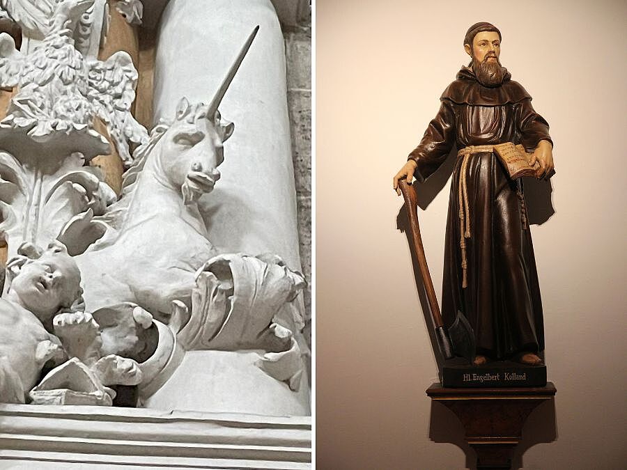 In den Seitenkapellen der Franziskanerkirche sind besondere Schätze zu finden: Eine Einhorn-Darstellung (links) und eine Statue des Tiroler Märtyrers Engelbert Kolland (rechts).