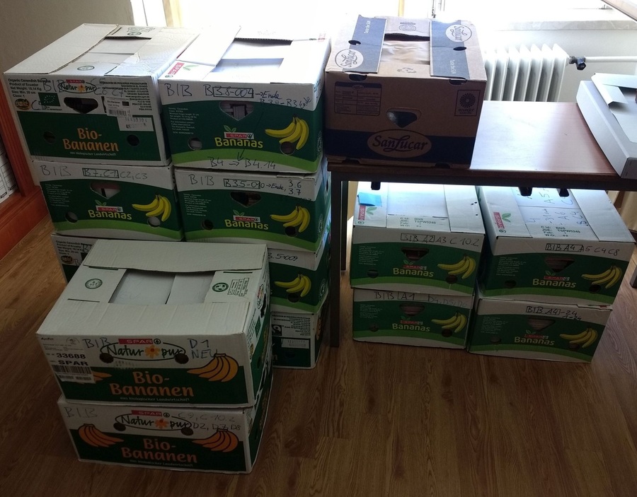 Ein Teil der Archivbibliothek, in stabile Bananenschachteln verpackt und beschriftet. / Lukas Winder