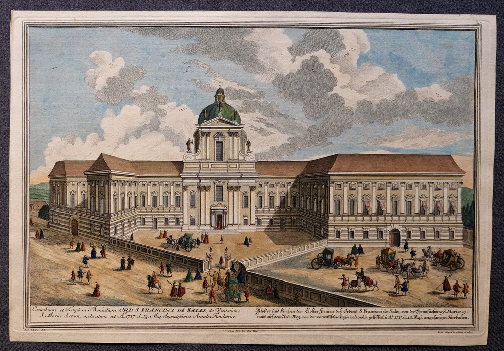 Salomon Kleiner/Johann August Corvinus, Vedute mit erster Planungsstufe des Klosters, 1724, kolorierter Kupferstich 