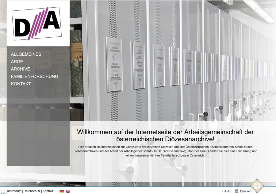 Screenshot der Website der ARGE Diözesanarchive.