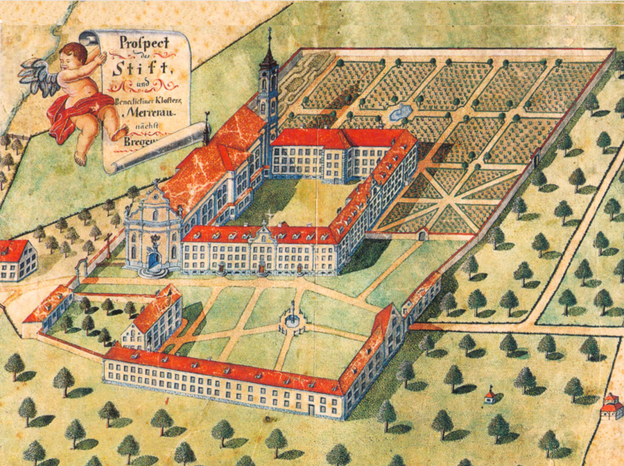 Abb. 7: Mehrerau vor den Zerstörungen des 19. Jh. in einer aquarellierten Federzeichnung. © Pius Bieri / © Pius Bieri Abb. 7: Mehrerau vor den Zerstörungen des 19. Jh. in einer aquarellierten Federzeichnung. © Pius Bieri