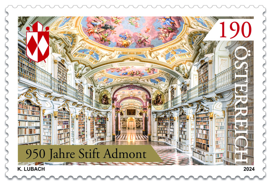 Auf der neuen Sonderbriefmarke zum 950-Jahr-Jubiläum des Stifts Admont ist der wohl bekannteste Raum des Klosters zu sehen: die Bibliothek.