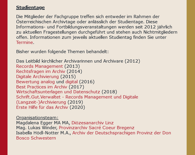 Screenshot der Website der VÖA „Fachgruppe der Archive der gesetzlich anerkannten Kirchen und Religionsgemeinschaften“ (Stand: August 2021).