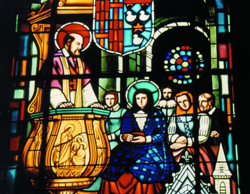 Franz von Sales begegnet Johanna Franziska von Chantal – Ausschnitt aus einem Glasfenster in der Kathedrale von Annecy Franz von Sales begegnet Johanna Franziska von Chantal – Ausschnitt aus einem Glasfenster in der Kathedrale von Annecy