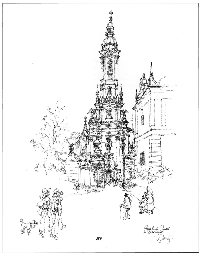 Wilfried Zeller-Zellenberg, Stiftskirche Zwettl im Waldviertel, 1977 / Abb. aus: Wilfried Zeller-Zellenberg, Mein Österreich-Bilder-Buch. Amalthea-Verlag, 1977